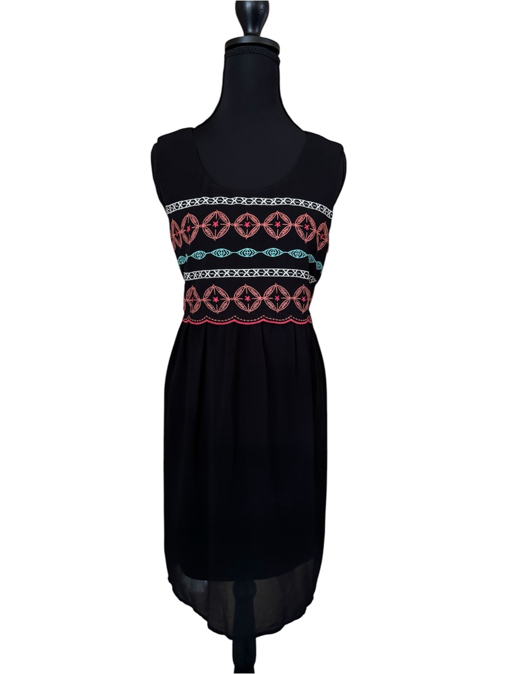 Love Reign Black Midi Dress with Coral & Teal Embroidery. SZ XL JUNIOR